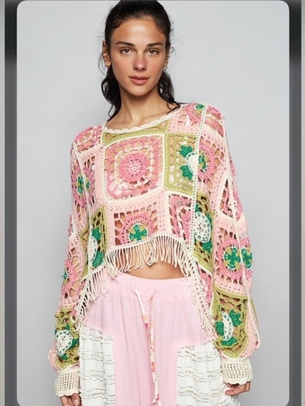 POL Multicolor Crochet Boho Fringe Crop Sweater in Pink, Green, Cream NWOT